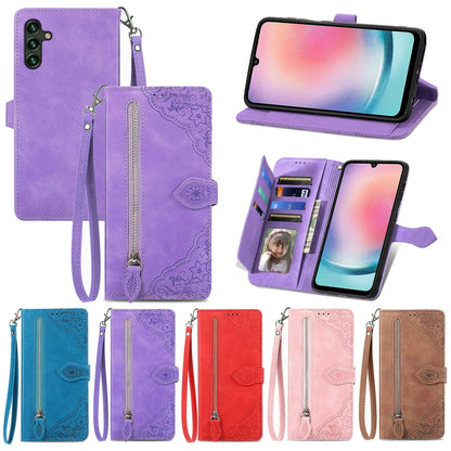 For Samsung Galaxy A24 4G Embossed Flower Zipper Leather Phone Case(Red) by buy2fix