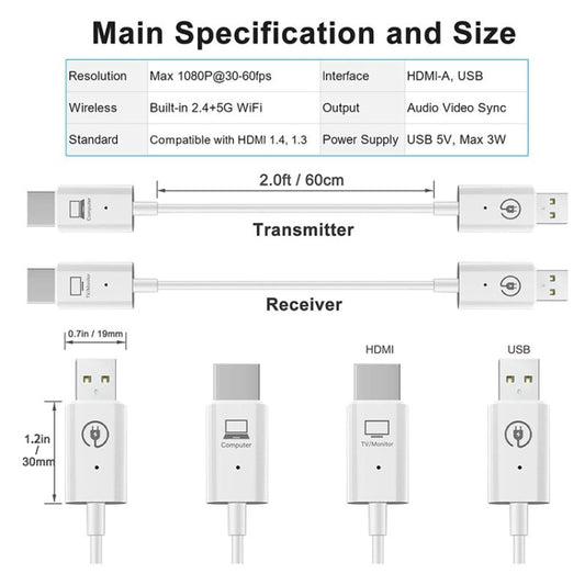 Wireless HDMI Transmitter and Receiver Kit, HDMI Wireless Extender Adapter, 1080P 60fps Video Audio Projecting for PC, Laptop, Camera to HDTV/Projector by buy2fix