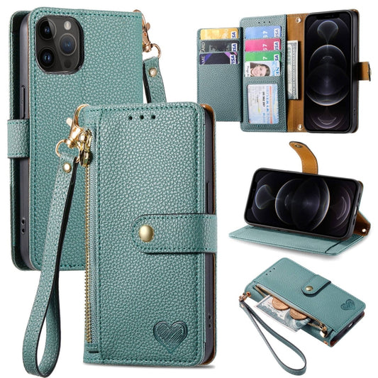 For iPhone 12 / 12 Pro Love Zipper Lanyard Leather Phone Case(Green) - iPhone 12 / 12 Pro Cases by buy2fix | Online Shopping UK | buy2fix