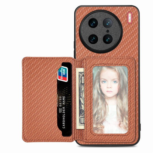 For vivo X90 Pro Carbon Fiber Magnetic Card Bag Phone Case(Brown) - vivo Cases by buy2fix | Online Shopping UK | buy2fix