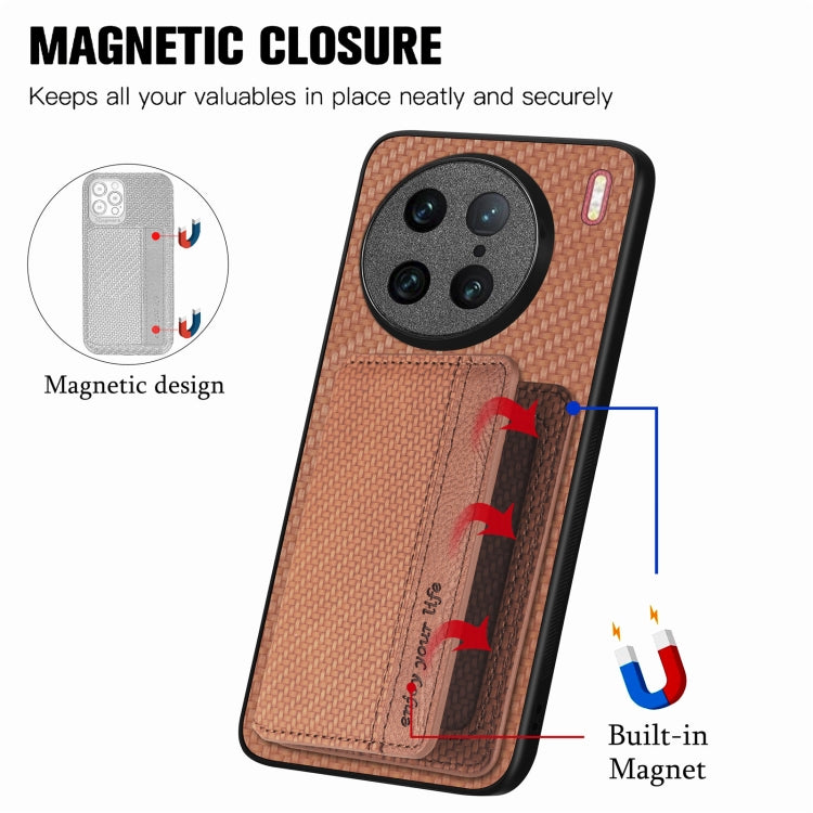 For vivo X90 Pro Carbon Fiber Magnetic Card Bag Phone Case(Brown) - vivo Cases by buy2fix | Online Shopping UK | buy2fix