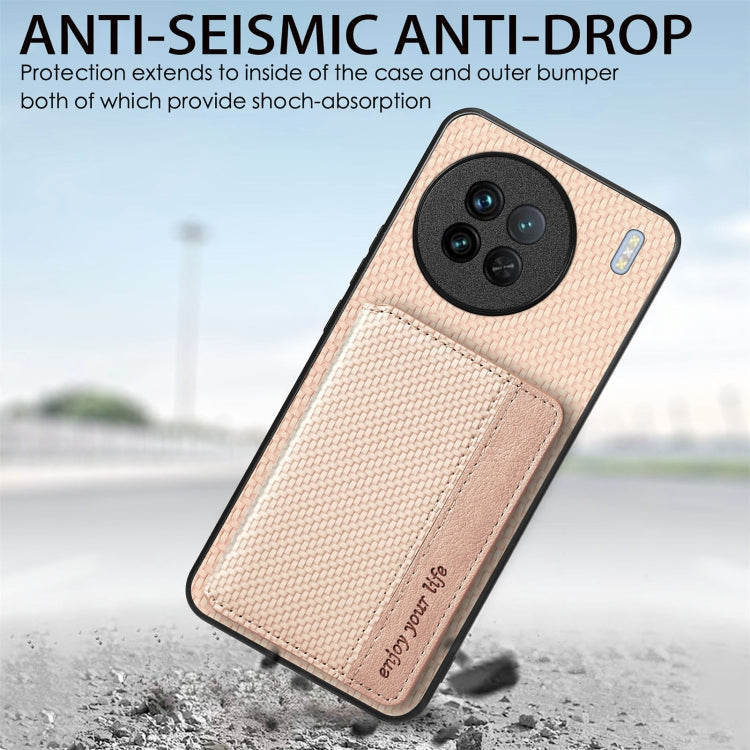 For vivo X90 Pro Carbon Fiber Magnetic Card Bag Phone Case(Brown) - vivo Cases by buy2fix | Online Shopping UK | buy2fix