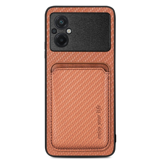 For Xiaomi Poco M5 4G Carbon Fiber Leather Card Magnetic Phone Case(Brown) - Xiaomi Cases by buy2fix | Online Shopping UK | buy2fix