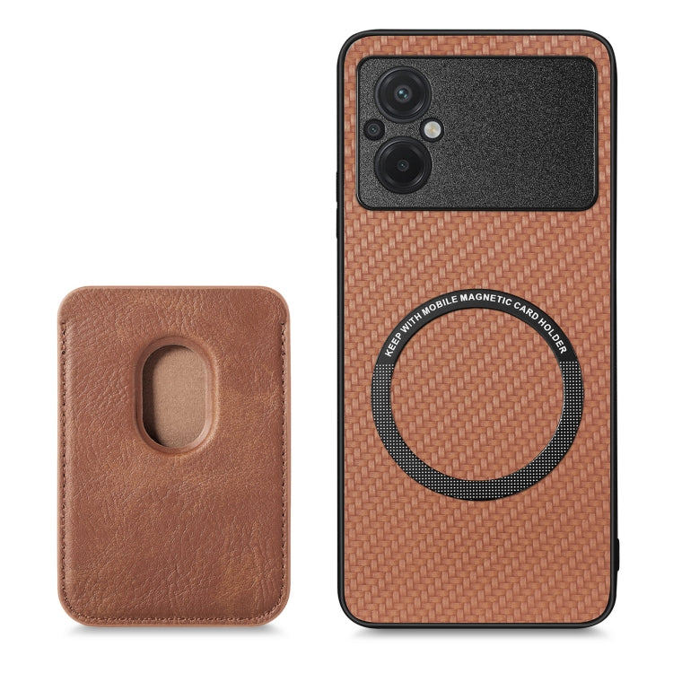 For Xiaomi Poco M5 4G Carbon Fiber Leather Card Magnetic Phone Case(Brown) - Xiaomi Cases by buy2fix | Online Shopping UK | buy2fix