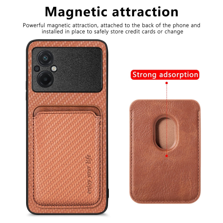 For Xiaomi Poco M5 4G Carbon Fiber Leather Card Magnetic Phone Case(Brown) - Xiaomi Cases by buy2fix | Online Shopping UK | buy2fix