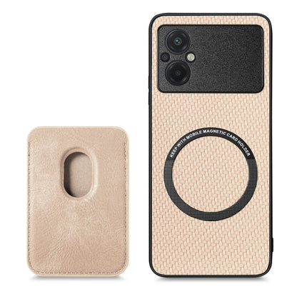 For Xiaomi Poco M5 4G Carbon Fiber Leather Card Magnetic Phone Case(Khaki) - Xiaomi Cases by buy2fix | Online Shopping UK | buy2fix