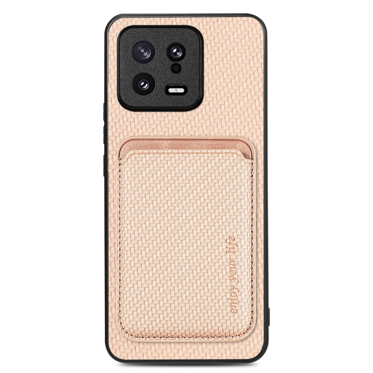 For Xiaomi 13 Carbon Fiber Leather Card Magnetic Phone Case(Khaki) - Xiaomi Cases by buy2fix | Online Shopping UK | buy2fix