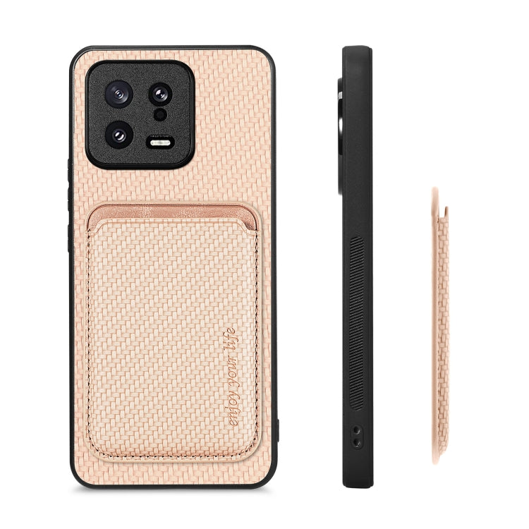 For Xiaomi 13 Carbon Fiber Leather Card Magnetic Phone Case(Khaki) - Xiaomi Cases by buy2fix | Online Shopping UK | buy2fix