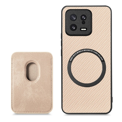 For Xiaomi 13 Carbon Fiber Leather Card Magnetic Phone Case(Khaki) - Xiaomi Cases by buy2fix | Online Shopping UK | buy2fix