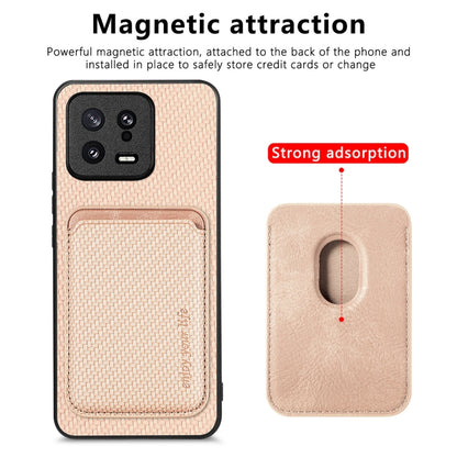 For Xiaomi 13 Carbon Fiber Leather Card Magnetic Phone Case(Khaki) - Xiaomi Cases by buy2fix | Online Shopping UK | buy2fix