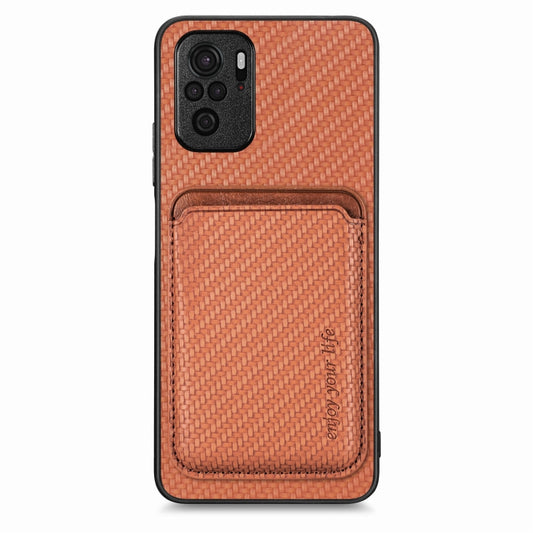 For Xiaomi Redmi Note 10 4G Carbon Fiber Leather Card Magnetic Phone Case(Brown) - Xiaomi Cases by buy2fix | Online Shopping UK | buy2fix
