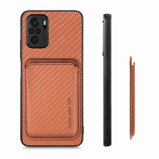 For Xiaomi Redmi Note 10 4G Carbon Fiber Leather Card Magnetic Phone Case(Brown) - Xiaomi Cases by buy2fix | Online Shopping UK | buy2fix