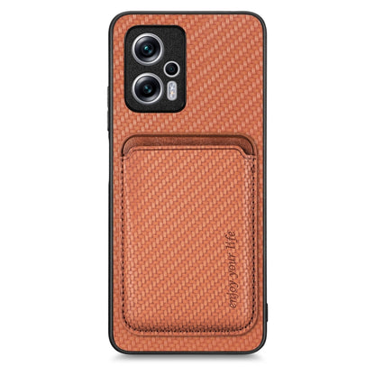 For Xiaomi Redmi Note 11T Pro 5G Carbon Fiber Leather Card Magnetic Phone Case(Brown) - Xiaomi Cases by buy2fix | Online Shopping UK | buy2fix