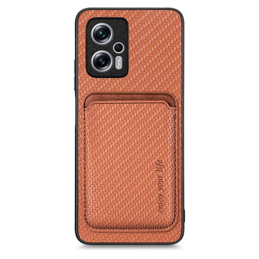 For Xiaomi Redmi Note 11T Pro 5G Carbon Fiber Leather Card Magnetic Phone Case(Brown) - Xiaomi Cases by buy2fix | Online Shopping UK | buy2fix
