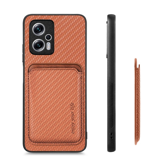 For Xiaomi Redmi Note 11T Pro 5G Carbon Fiber Leather Card Magnetic Phone Case(Brown) - Xiaomi Cases by buy2fix | Online Shopping UK | buy2fix