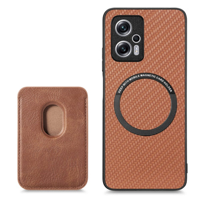 For Xiaomi Redmi Note 11T Pro 5G Carbon Fiber Leather Card Magnetic Phone Case(Brown) - Xiaomi Cases by buy2fix | Online Shopping UK | buy2fix