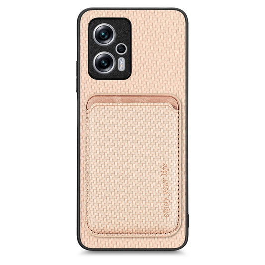 For Xiaomi Redmi Note 11T Pro 5G Carbon Fiber Leather Card Magnetic Phone Case(Khaki) - Xiaomi Cases by buy2fix | Online Shopping UK | buy2fix