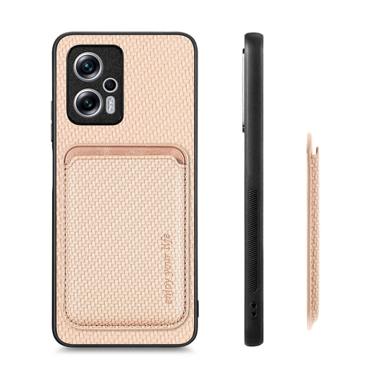 For Xiaomi Redmi Note 11T Pro 5G Carbon Fiber Leather Card Magnetic Phone Case(Khaki) - Xiaomi Cases by buy2fix | Online Shopping UK | buy2fix