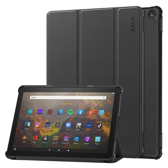 For Amazon Fire HD 10 2023 ENKAY ENKAY Tri-fold Custer Texture Leather Smart Tablet Case(Black)