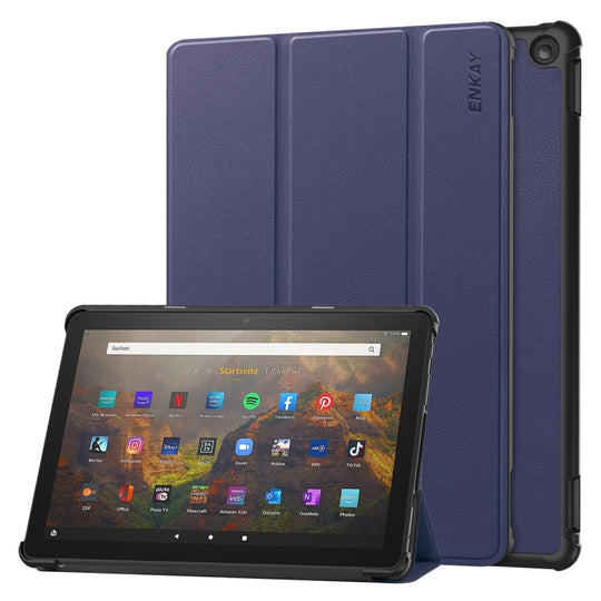 For Amazon Fire HD 10 2023 ENKAY ENKAY Tri-fold Custer Texture Leather Smart Tablet Case(Dark Blue)