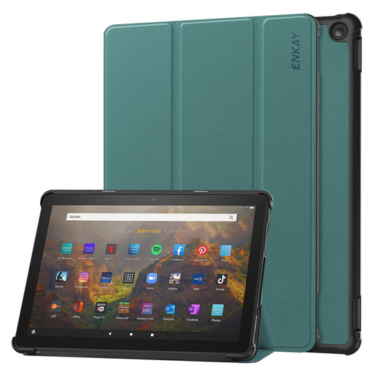For Amazon Fire HD 10 2023 ENKAY ENKAY Tri-fold Custer Texture Leather Smart Tablet Case(Dark Green)