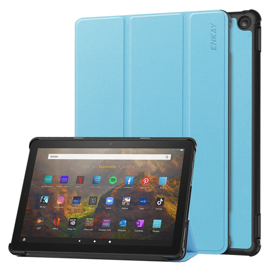 For Amazon Fire HD 10 2023 ENKAY ENKAY Tri-fold Custer Texture Leather Smart Tablet Case(Light Blue)