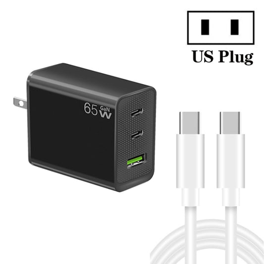 GaN PD65W Type-C x 2 + USB3.0 Charger with Type-C to Type-C Data Cable ,US Plug(Black) by buy2fix