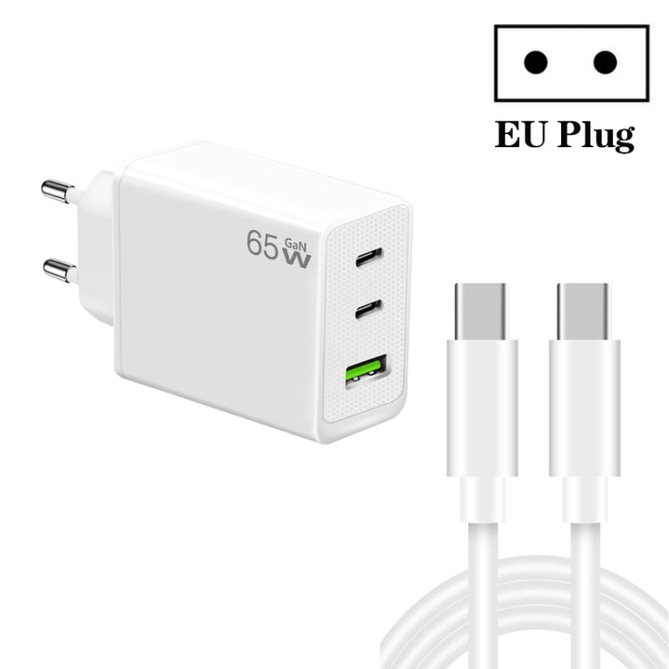GaN PD65W Type-C x 2 + USB3.0 Charger with Type-C to Type-C Data Cable ,EU Plug(White) by buy2fix