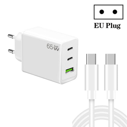 GaN PD65W Type-C x 2 + USB3.0 Charger with Type-C to Type-C Data Cable ,EU Plug(White) by buy2fix