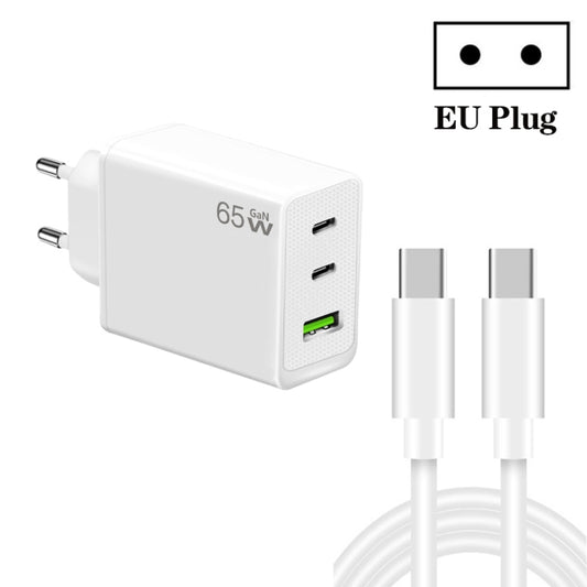GaN PD65W Type-C x 2 + USB3.0 Charger with Type-C to Type-C Data Cable ,EU Plug(White) by buy2fix