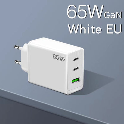 GaN PD65W Type-C x 2 + USB3.0 Charger with Type-C to Type-C Data Cable ,EU Plug(White) by buy2fix