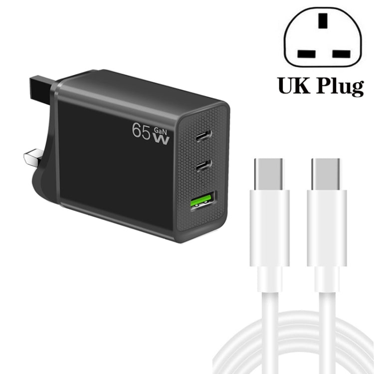 GaN PD65W Type-C x 2 + USB3.0 Charger with Type-C to Type-C Data Cable ,UK Plug(Black) by buy2fix