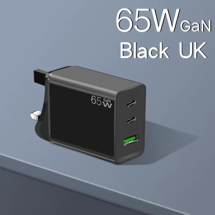 GaN PD65W Type-C x 2 + USB3.0 Charger with Type-C to Type-C Data Cable ,UK Plug(Black) by buy2fix