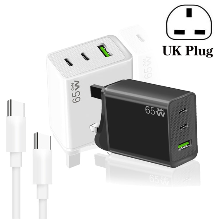 GaN PD65W Type-C x 2 + USB3.0 Charger with Type-C to Type-C Data Cable ,UK Plug(Black) by buy2fix