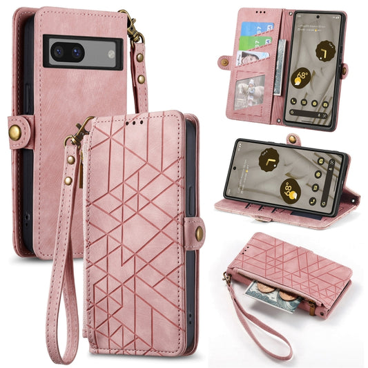 For Google Pixel 7a Geometric Zipper Wallet Side Buckle Leather Phone Case(Pink) - Google Cases by buy2fix | Online Shopping UK | buy2fix