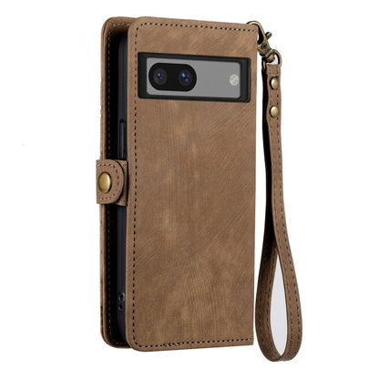 For Google Pixel 7a Geometric Zipper Wallet Side Buckle Leather Phone Case(Brown) - Google Cases by buy2fix | Online Shopping UK | buy2fix