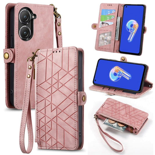 For ASUS Zenfone 9 Geometric Zipper Wallet Side Buckle Leather Phone Case(Pink) by buy2fix