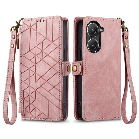 For ASUS Zenfone 9 Geometric Zipper Wallet Side Buckle Leather Phone Case(Pink) by buy2fix