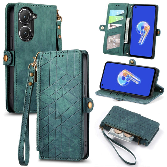 For ASUS Zenfone 9 Geometric Zipper Wallet Side Buckle Leather Phone Case(Green) by buy2fix
