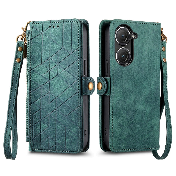 For ASUS Zenfone 9 Geometric Zipper Wallet Side Buckle Leather Phone Case(Green) by buy2fix
