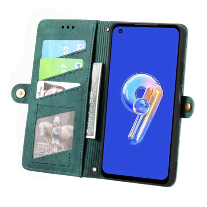 For ASUS Zenfone 9 Geometric Zipper Wallet Side Buckle Leather Phone Case(Green) by buy2fix