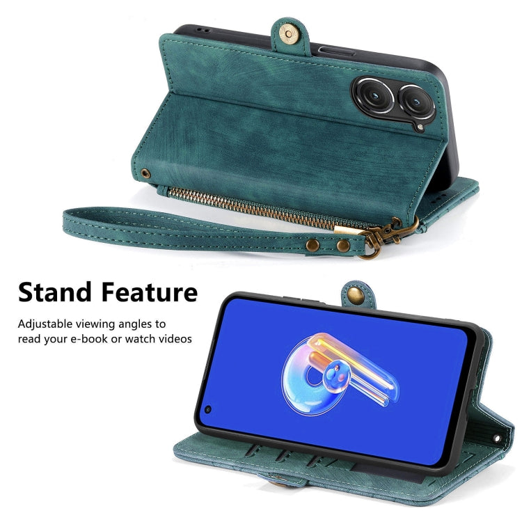 For ASUS Zenfone 9 Geometric Zipper Wallet Side Buckle Leather Phone Case(Green) by buy2fix