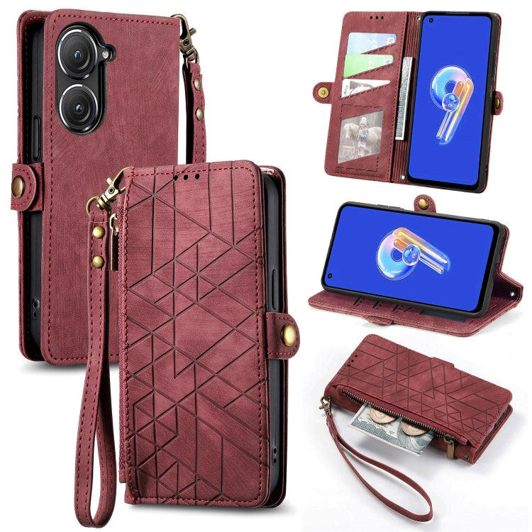 For ASUS Zenfone 9 Geometric Zipper Wallet Side Buckle Leather Phone Case(Red) by buy2fix
