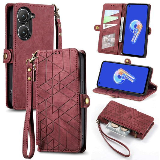 For ASUS Zenfone 9 Geometric Zipper Wallet Side Buckle Leather Phone Case(Red) by buy2fix
