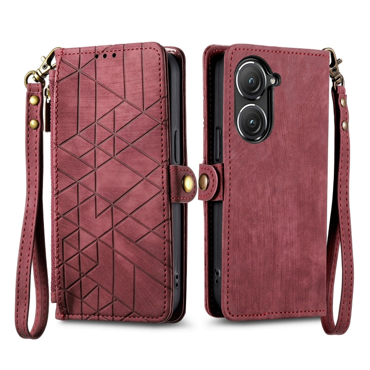 For ASUS Zenfone 9 Geometric Zipper Wallet Side Buckle Leather Phone Case(Red) by buy2fix