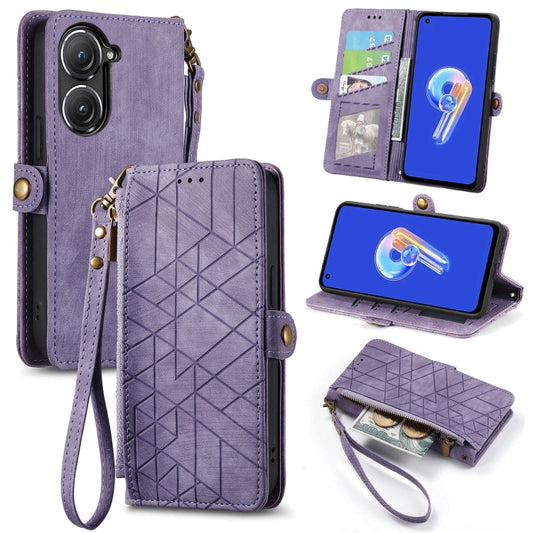 For ASUS Zenfone 9 Geometric Zipper Wallet Side Buckle Leather Phone Case(Purple) by buy2fix