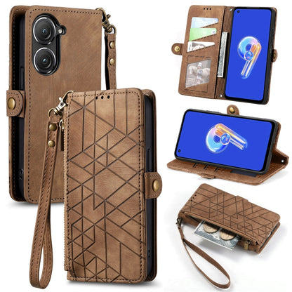 For ASUS Zenfone 9 Geometric Zipper Wallet Side Buckle Leather Phone Case(Brown) by buy2fix