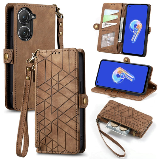 For ASUS Zenfone 9 Geometric Zipper Wallet Side Buckle Leather Phone Case(Brown) by buy2fix