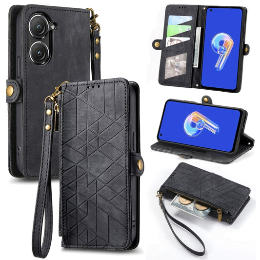 For ASUS Zenfone 9 Geometric Zipper Wallet Side Buckle Leather Phone Case(Black) by buy2fix