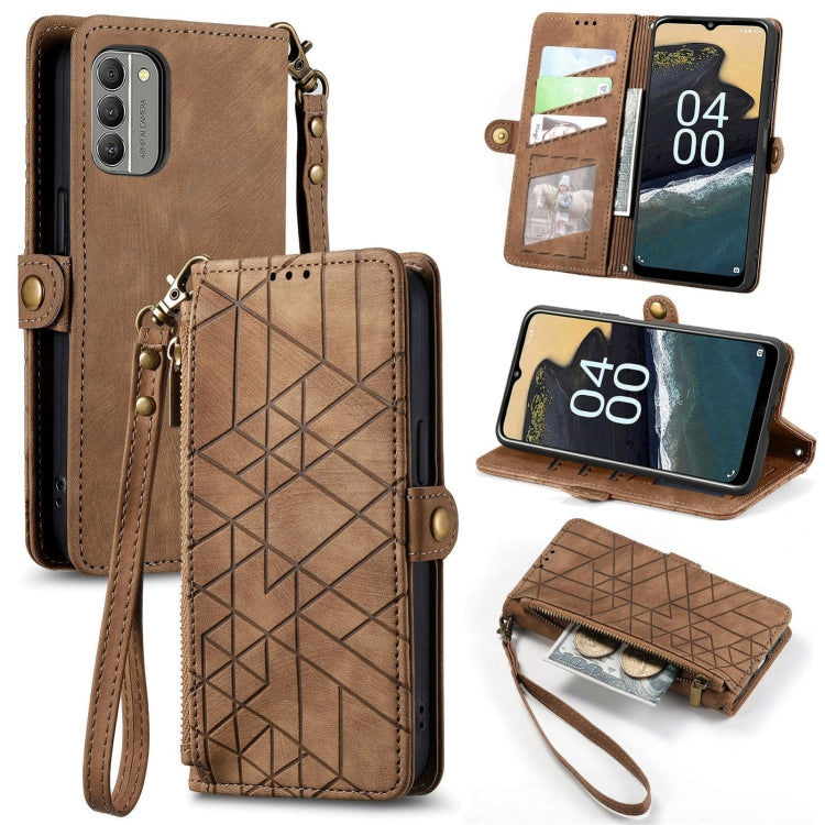 For Nokia G400 Geometric Zipper Wallet Side Buckle Leather Phone Case(Brown) by buy2fix
